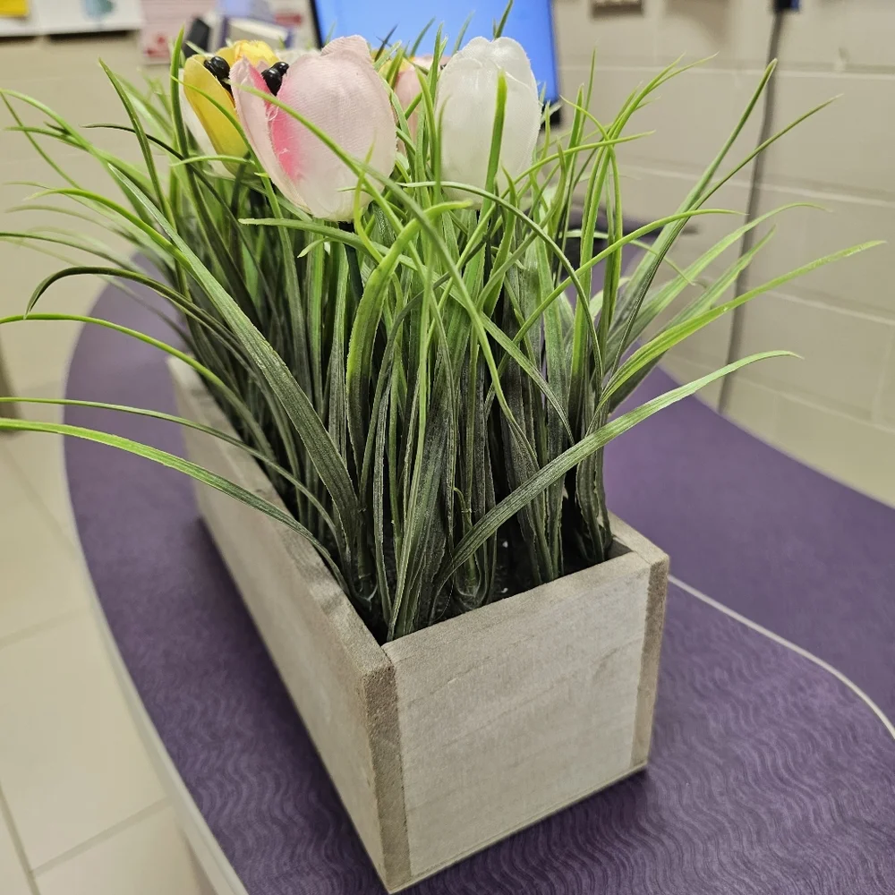 Artificial Tulip Arrangement in Wooden Box - Spring Floral Centerpiece Farmhouse